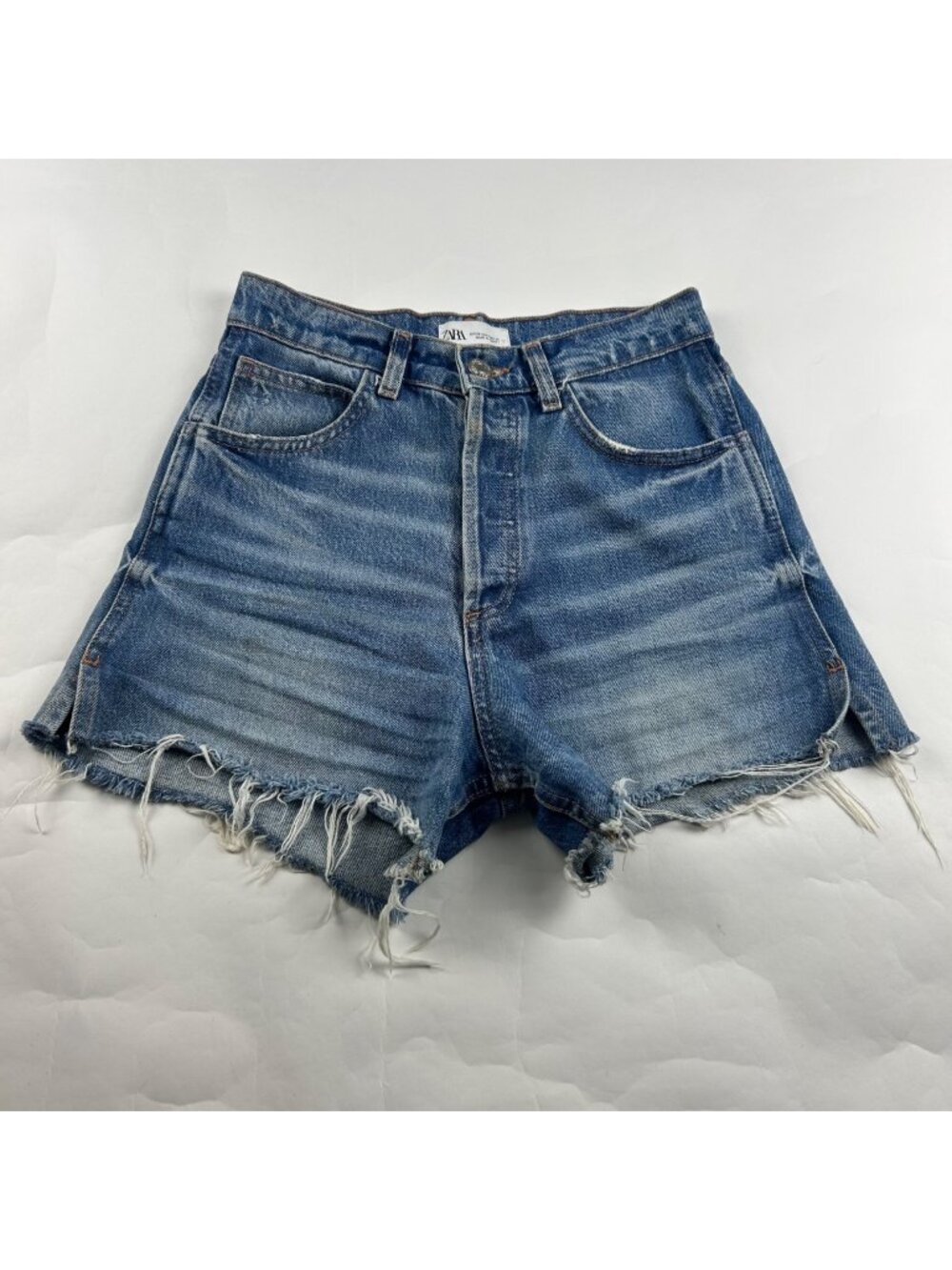 Zara Blue Distressed High-Waist Denim Shorts